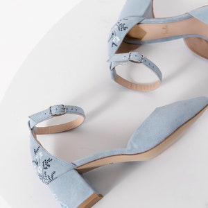 Something Blue Bridal Sandals with Handmade Embroidery, Wedding Shoes with Pointy Toe and Ankle Strap, Bridal Shoes Low Block Heel image 3
