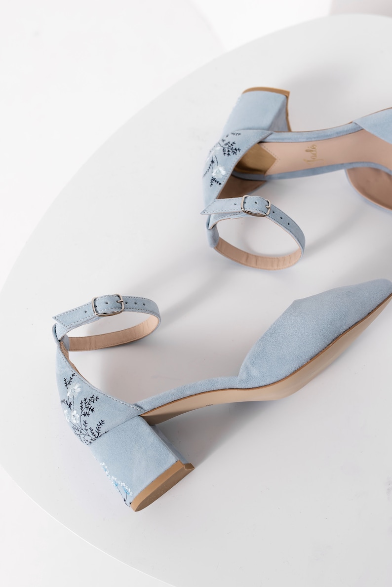 Something Blue Bridal Sandals with Handmade Embroidery, Wedding Shoes with Pointy Toe and Ankle Strap, Bridal Shoes Low Block Heel image 3