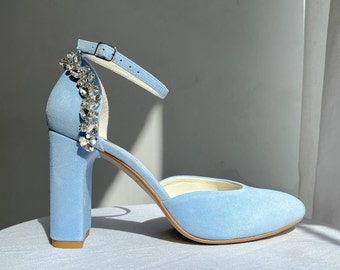Blue Wedding Shoes with High Block Heels and Crystal Embroidery, Handmade Bridal Sandals with Almond Toe and Ankle Strap, Something Blue