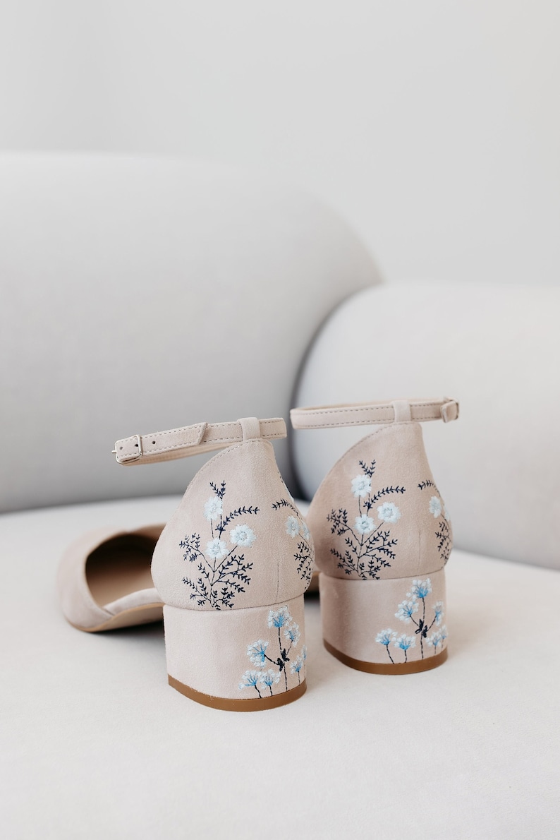 Pinky White Bridal Sandals with Handmade Embroidery, Wedding Shoes with V-Cut Vamp, Almond Toe and Ankle Strap, Bridal Shoes Low Block Heel