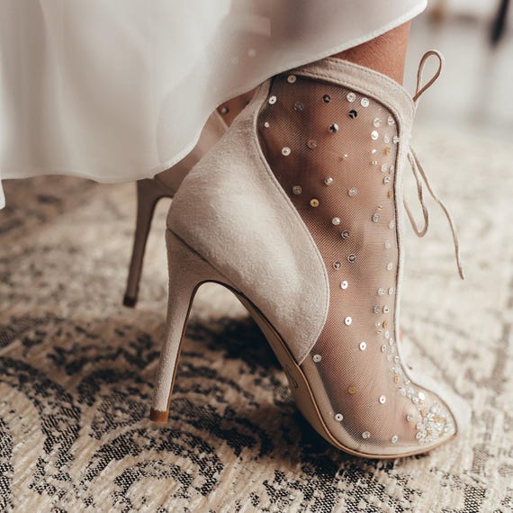 Ivory Wedding Shoes With Open Peep Toe and Front Lace Up, Bridal 