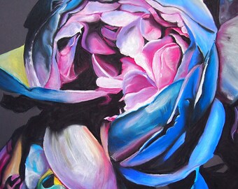 Large blue flowers wall art, Chalk pastel drawing (A1) - Original rose wall art, rose drawing using chalk pastels, still life art flowers