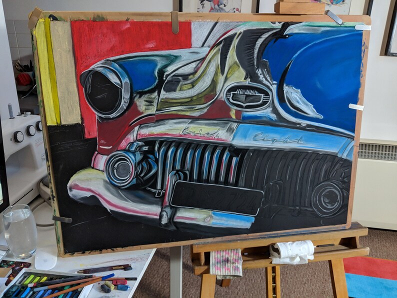 Retro Car Wall Art Painting A1 Chalk Pastel Retro Car Drawing, Old
