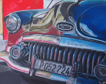 Retro car wall art painting (A1) chalk pastel retro car drawing, old Buick Eight fine art - Original wall art, Car painting Art