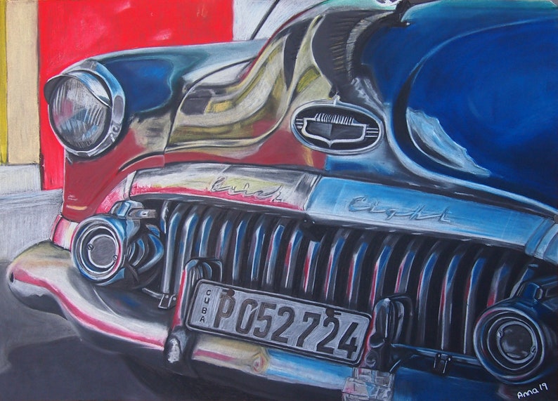 Retro Car Wall Art Painting A1 Chalk Pastel Retro Car Drawing, Old