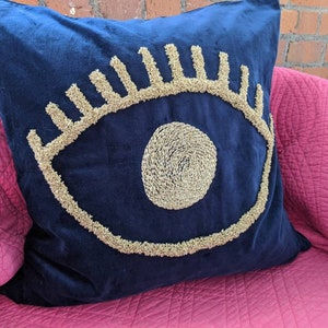 Evil Eye Embroidered Velvet Cushion Cover, eyeball design, colourful home decor cushion punch needle eye design, navy & gold pillow case