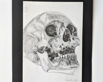 Disegno a matita di un teschio umano, stampa artistica gotica macabra (A4)