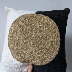 Hand tufted cushion cover, geometric design, minimalist home decor cushion punch needle Embroidered design pillow case gold, black & white.