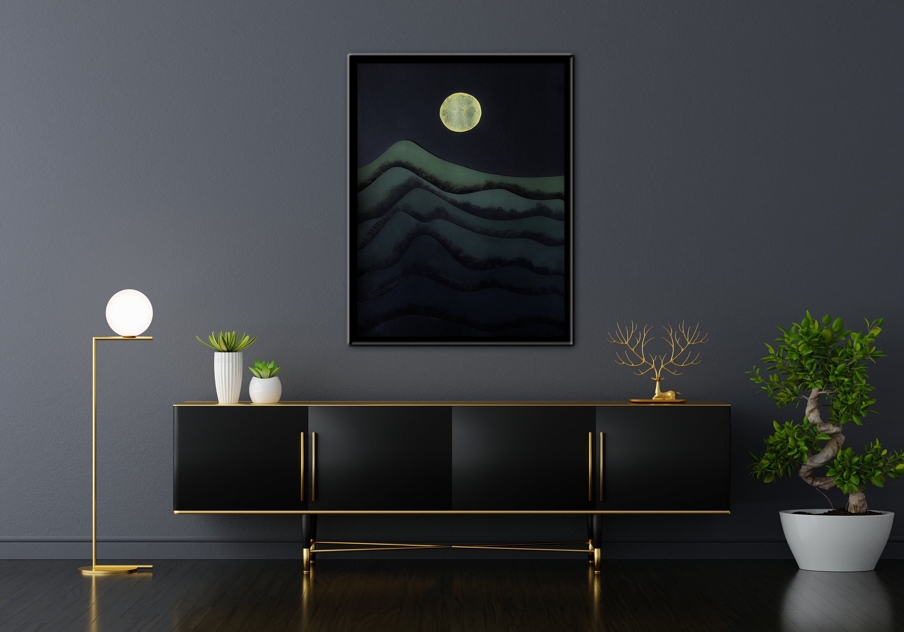 Original modern living room art Night view Landscape Etsy