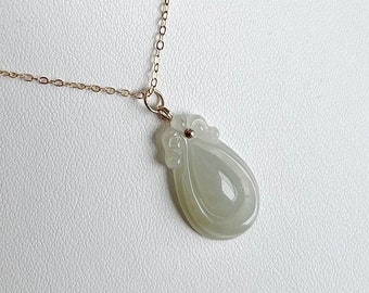 Icy Jade Droplet Pendant in 14K Gold Filled, Natural Translucent Burmese Jadeite Teardrop Necklace, Modern Jade Jewelry (NJ228)