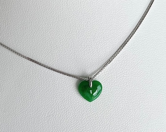 14K White Gold Imperial Jade Heart Pendant, Natural Burmese Jadeite Tiny Heart Pendant, Dainty Jade Necklace, Modern Jade Jewelry