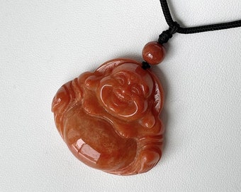 Jade Buddha Necklace, Natural Red Burmese Jadeite Laughing Buddha Pendant, Large Chunky Happy Buddha, Genuine Jade Necklace For Men & Women