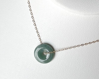 Jade Donut Pendant, Natural Guatemala Jadeite Disc Pendant With 14K Gold Filled Chain, Icy Blue Jade Circle Necklace, Jade Pi Pendant