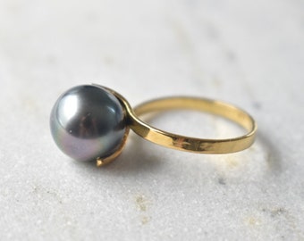 Tahitian Pearl Ring | 11mm Black Tahitian Pearl Ring in 14K Yellow Gold, Large Black Pearl Engagement Ring, Solitaire Black Pearl Ring