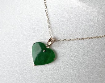 14K Gold Jade Heart Pendant, Natural Green Burmese Jadeite Heart Pendant In Solid Gold, Imperial Jade Heart Pendant, Modern Jade Jewelry