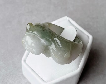 Size 11 US Men's Jade Ring, Natural Burmese White + Bluish Green Jadeite Foo Dog Ring, Auspicious Chinese Lion Carved Statement Ring