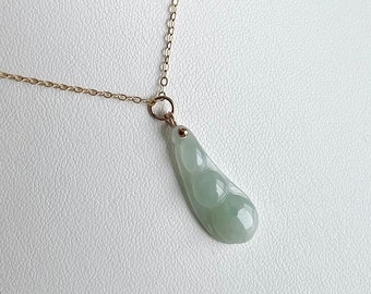 Icy Jade Pea Pod Pendant in 14K Gold Filled, Natural Translucent Burmese Jadeite Lucky Bean Necklace, Genuine Jade Feng Shui Jewelry