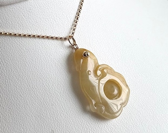 Jade Ruyi Pendant Necklace, Natural Burmese Icy Honey Yellow Jadeite Double-Sided Carved Ruyi Pendant in 14K Gold Filled (NJ202)
