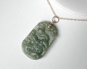 Jade Dragon Necklace, Natural Burmese Jadeite Dragon Amulet Pendant in 14K Gold Filled, Zodiac Animal Year Of Dragon Jade Necklace (NJ212)