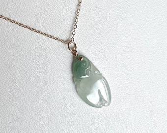 Icy Jade Crab Claw & Ruyi Pendant in 14K Gold Filled, Natural Translucent Burmese Jadeite Lucky Crab Claw Necklace, Jade Feng Shui Jewelry