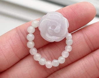 Custom Size Natural Jadeite Flower Beaded Ring, Natural White Burmese Jade Rose & Tiny Round Beads Elastic Ring, Modern Jade Jewelry