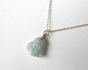 Dainty Jade Buddha Necklace, Natural Burmese Jadeite Laughing Buddha Pendant in 14K Gold Filled, Tiny Happy Buddha Necklace (NJ215)