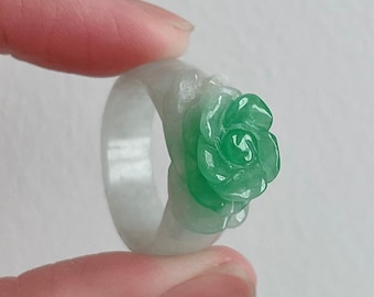 Size 9.5 Natural Jadeite Flower Ring, Natural Moss In Snow Burmese Jade Flower Ring, Modern White + Green Jade Carved Statement Ring