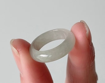 Size 4.5 Jade Ring, Natural Icy Burmese Jadeite Band Ring, Genuine Jade Jewelry, White + Faint Yellowish Green Jade Pinky Finger Ring RJ189