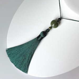 Jade Tassel Necklace, Natural Burmese Jade Round Bead Tassel Nylon Cord Necklace, Green Jade Tassel Adjustab Necklace, Gift For Her NJ243