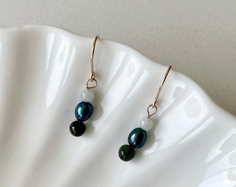 Jade & Pearl Hook Earrings, Natural Burmese Jadeite Beads and Freshwater Pearl 14K Gold Filled Dangle Earrings, Modern Jade Drop Earrings