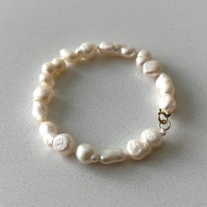 Freshwater Pearl Bracelet, White Baroque Pearl Bracelet with 14K Gold Filled Spring Ring Clasp, Unique Pearl Jewelry, Anniversary Gift image 1