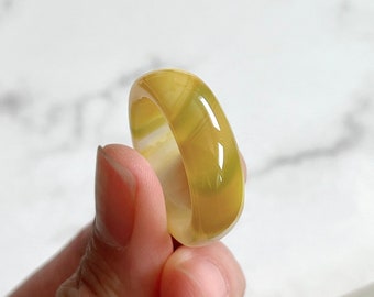 Size 10 Agate Ring, Natural Yellow Agate Wide Band Ring, Agate Ring For Men, Crystal Gemstone Carved Ring, Healing Jewelry (RA225)