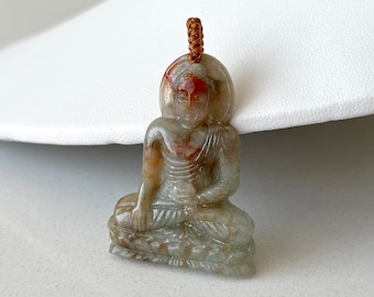 Natural Jadeite Amitabha Buddha Necklace, Natural Icy Faint Bluish Green + Red Burmese Jade Buddha Pendant, Protection, Buddhist Jewelry