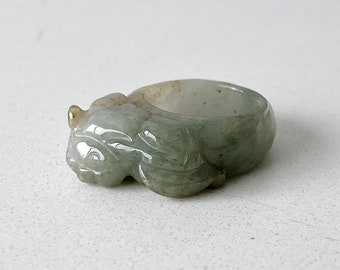 Size 8.5 | 18.60mm Natural Jadeite Pixiu Ring, Natural Burmese Jadeite Carved Piyao Ring, Jade Statement Ring, Auspicious Feng Shui Jewelry