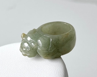 Size 8.75 | 18.80mm Natural Jadeite Pixiu Ring, Natural Bluish Green Burmese Jade Carved Piyao Ring, Men's Statement Ring, Feng Shui Jewelry