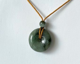 Natural Guatemala Jade Donut Necklace, Natural Jadeite Circle Pendant, Jade Pi Nylon Cord Necklace, Tiny Thick Jade Doughnut Pendant
