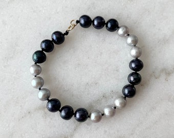 8mm Freshwater Pearl Bracelet, Black and Silver Round/Near-Round Pearl Bracelet with 14K Gold Filled Clasp, Genuine Pearl Jewelry