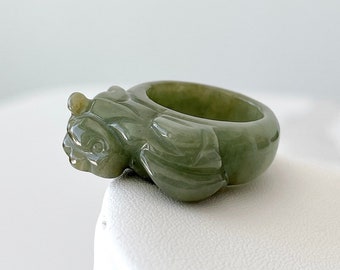 Size 11.5 | 21.08mm Natural Jadeite Pixiu Ring, Natural Burmese Jade Carved Piyao Ring, Men's Statement Ring, Lucky Feng Shui Jewelry