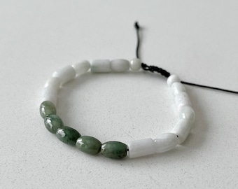 6mm Natural Jadeite Mixed Beads Knotted Bracelet, Natural White + Green Burmese Jade Beaded Nylon Cord Bracelet, Healing, Protection Jewelry