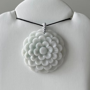 Natural Jadeite Flower Necklace, Natural Burmese Jade Chrysanthemum Pendant, Large Genuine Jade Hand-Carved Lucky Flower Medallion Pendant