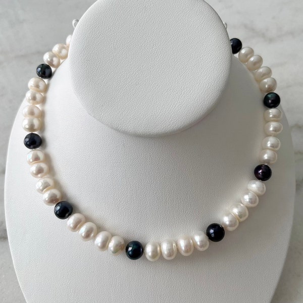 Freshwater Pearl Necklace, 10mm Button and Oval Pearl Strand with 14K Gold Filled Clasp, Large Black & White Pearl Choker, Gift For Her