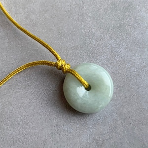 Natural Type A Translucent Faint Apple Green Jadeite Donut Pendant Necklace • Burmese Jade Circle, Pi, Disc, Doughnut, Adjustable Necklace