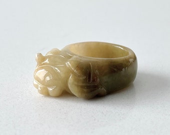 Size 11.25 | 20.90mm Natural Jadeite Pixiu Ring, Natural Yellow Burmese Jadeite Carved Piyao Ring, Jade Statement Ring, Feng Shui Jewelry