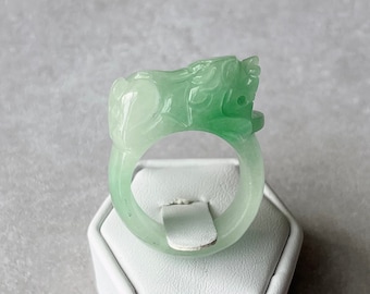 Size 10.5 US Men&#39;s Jade Ring, Natural Apple Green Burmese Jadeite Pixiu Carved Statement Ring, Auspicious Fortune Beast Ring, Thumb Ring