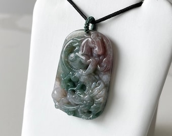 Natural Moss Agate Dragon Horse Necklace, Horse & Dragon Grasping Pearl Of Success Pendant, Feng Shui Carved Pendant, Chinese Zodiac Jewelry