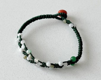 Natural Jadeite Knotted Bracelet, Natural Burmese Jade Tiny Round & Nugget Beads Braided Bracelet, Macrame Beaded Friendship Bracelet