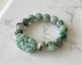 13mm Jade Pixiu Fortune Beast Bracelet, Natural Burmese Jadeite Piyao & Round Beads Stretch Bracelet, Genuine Jade Beaded Bracelet For Men