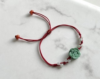 Jade Flower Knotted Bracelet, Natural Burmese Jadeite Flower & Round Beads Braided Bracelet, Genuine Jade Macrame Jewelry (BRJ225)