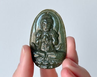 Jade Guardian Buddha Pendant (Sheep & Monkey Zodiac), Natural Burmese Jadeite Buddhist Protector Amulet Necklace, Unisex Protection Jewelry