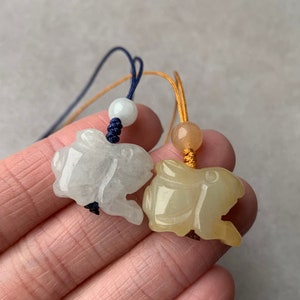 Natural Type A Icy Colorless + Honey Yellow Jadeite Rabbit Phone Charm, Purse Charm, Bag Charm • Burmese Jade Accessories